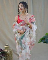 Exclusive Digital Print With Handwork On white Saree
